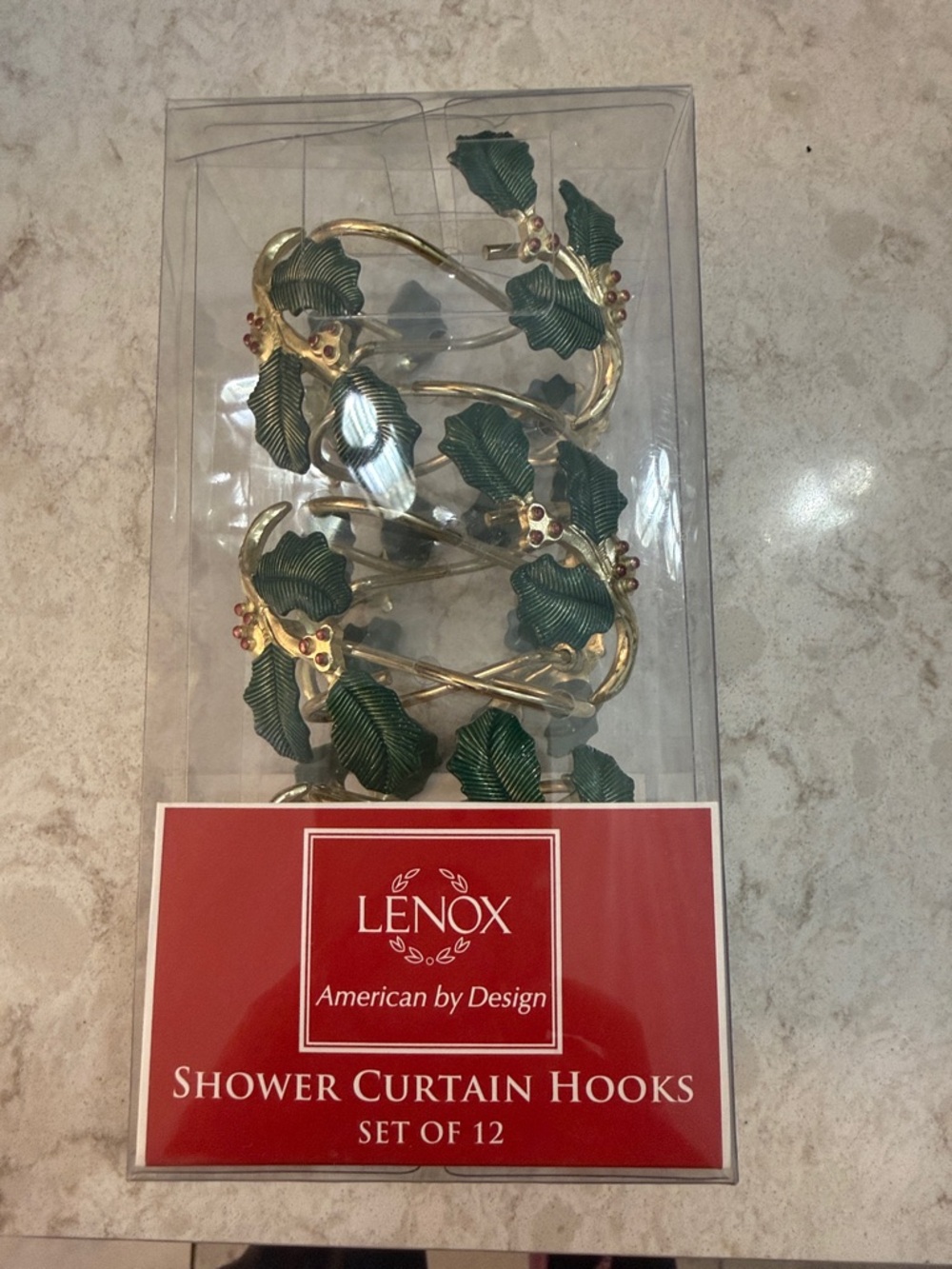 Lenox Gold Tone Holiday Shower Curtain Hooks with Green Leaf Accents - Set of 12